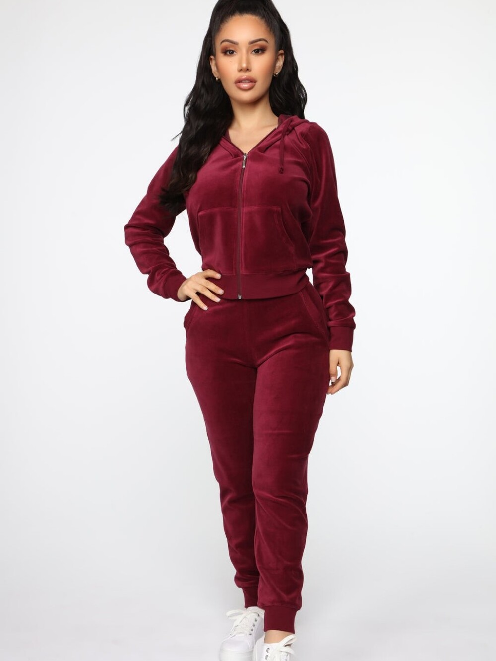 NEW Fashionova Women's Burgundy Velour Zip Hoodie & Jogger Set Size XL